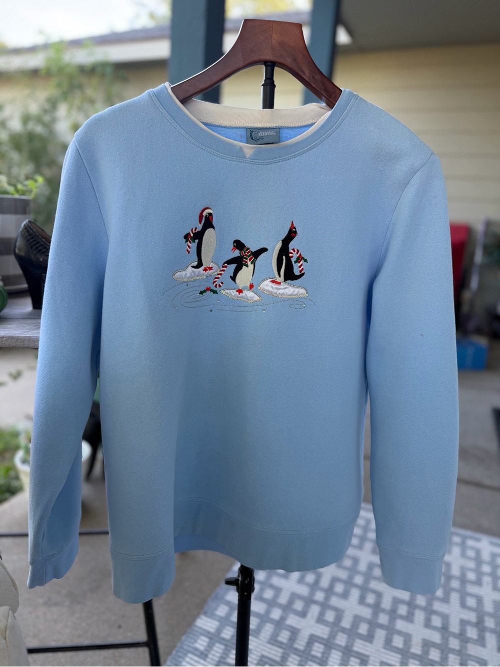 Classic Elements Christmas Pale Blue Crewneck Sweatshirt with Penguin Motif